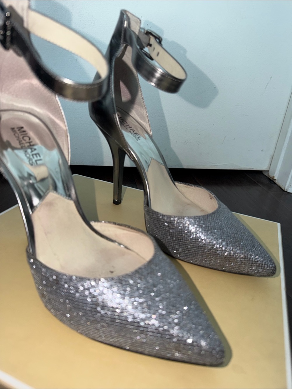 Michael Kors Metallic Silver Glitter Pointed-Toe Ankle-Strap Heels - Picture 4 of 14